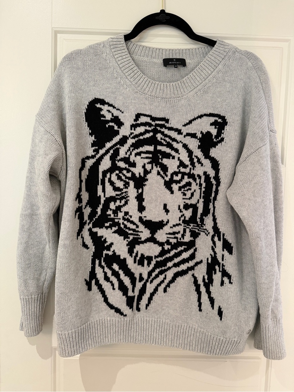 Grey Crewneck Sweater with Black Tiger Intarsia